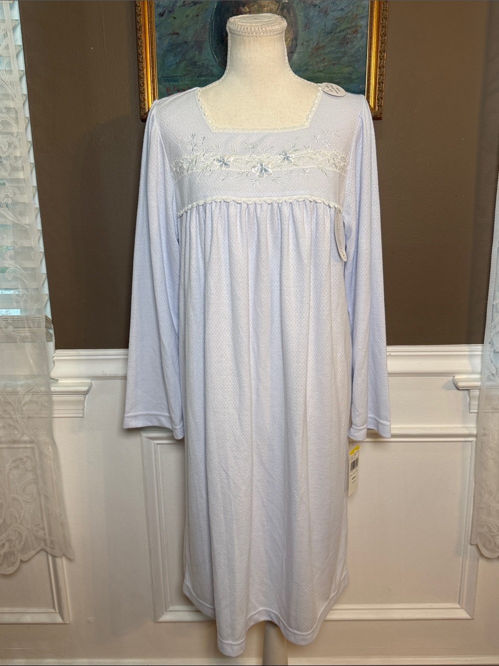 Miss Elaine Cuddle Knit Floral Lace Nightgown Blue Medium NWT